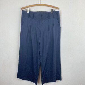 Elie Tahari Women Crop Pants Size 4 Dark Blue Ramie Pleats Pockets Wide Leg Cuff